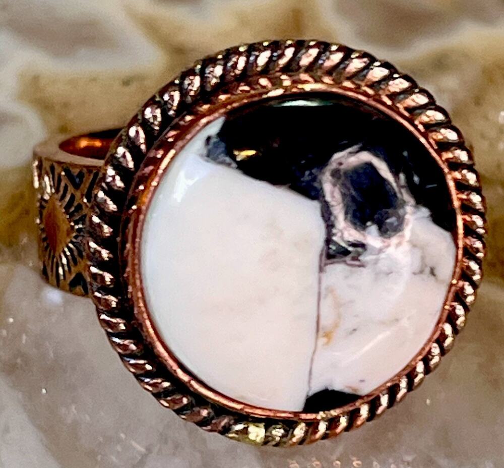 Southwestern Copper WHITE BUFFALO TURQUOISE Cigar Band Ring Hand Stamped